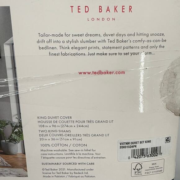 NEW Ted Baker Vietnm Floral Pink/White/Black Cotton KING Duvet Cover Set - Picture 4 of 5